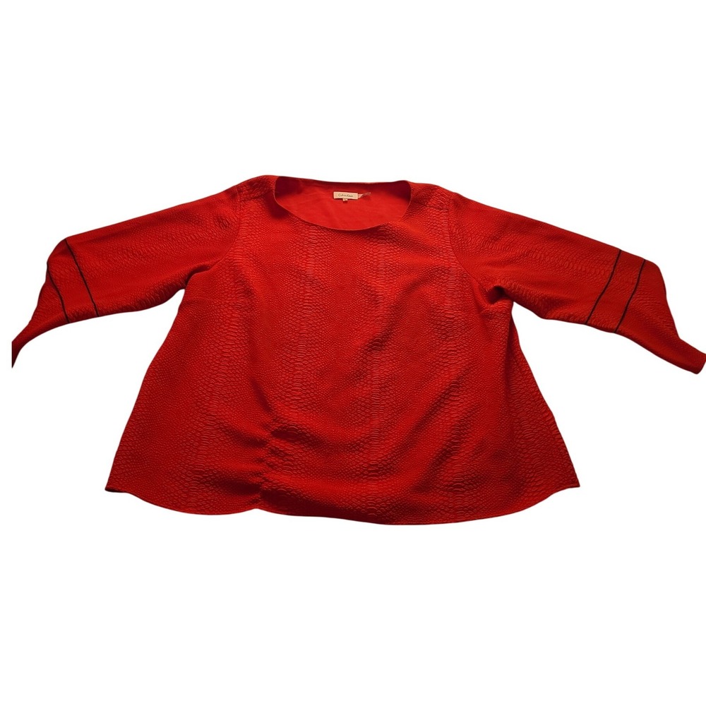 Calvin Klein Red Snakeskin Textured Blouse Scoop Neck 3/4 Sleeve Plus Size 3X